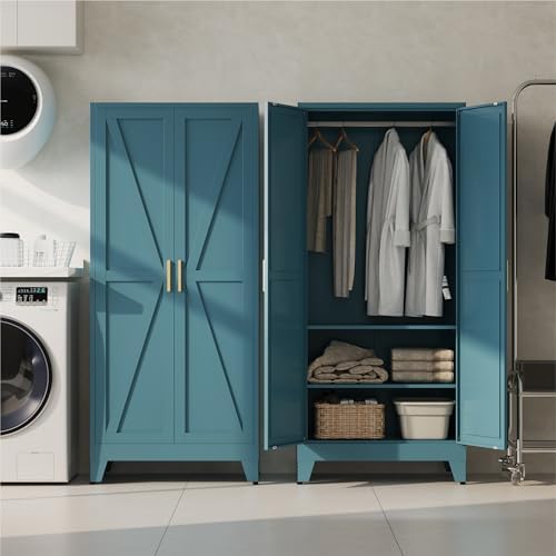 Baborokic Metal Armoire Wardrobe Closet with Hanging Rod,71H Metal Cabinet with Doors and Shelves,Bedroom Armoire Closet Organizers,Storage Cabinets for Bedroom,Office,Laundry Room(Blue) - Image 4