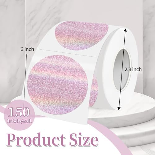 3 Inch Holographic Thermal Labels,Round Thermal Printer Labels,Waterproof Thermal Printer Stickers for DIY Logo Design,Name Tag,QR Code,Thanks Card 150 Labels/Roll (Pink dots) - Image 2