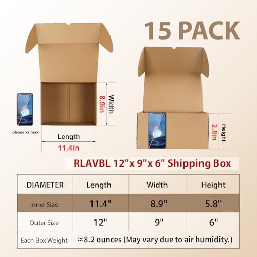 RLAVBL 12x9x6 Shipping Boxes Set of 15, Brown Corrugated Cardboard Mailer Box for Packing, Mailing, Business - Image 2