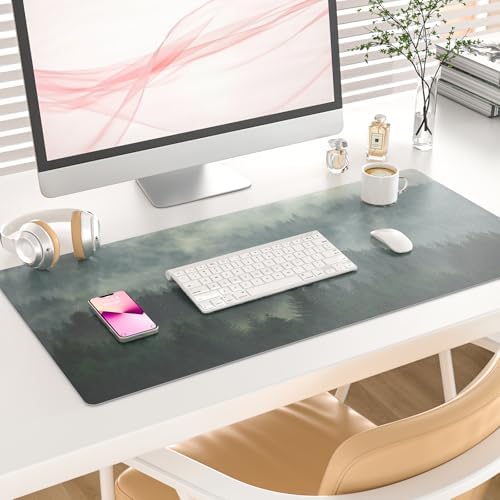 Faux Leather Large Mouse Pad, Office Desk Mat, 31.5"x15.7", Foggy Forest - Image 2