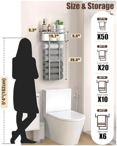 Aetyord Towel Racks for Bathroom - Wall Mounted Metal Rack with Wood Plank, Bathroom Storage Organizer, Towel Holder Stores 6 Large Rolled Towels Easily, All Grey - Image 6