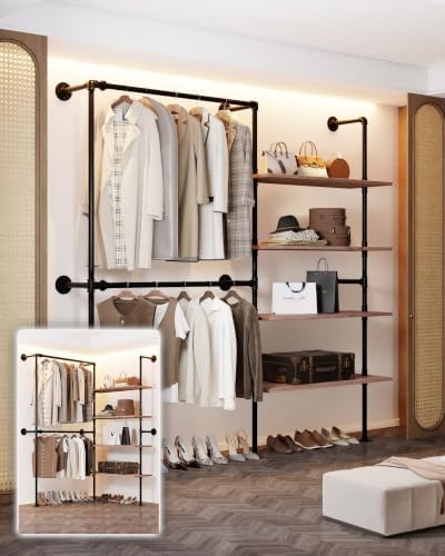 Wall Mounted Clothing Rack, Heavy Duty Pipe Closet, Pine Shelves, 76 In by Anynice