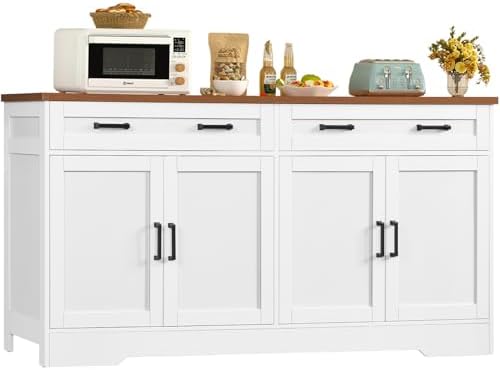 usikey 63" Buffet Cabinet with Storage, Large Sideboard Buffet Cabinet with 2 Adjustable Shelves and 4 Doors, Modern Farmhouse Coffee Bar for Kitchen, Living Room, White by USIKEY