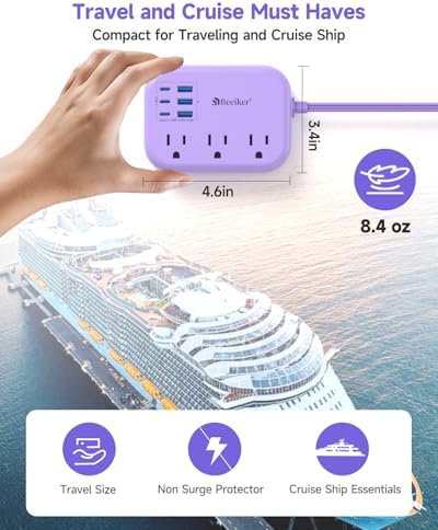 6 USB (3 USB C) Purple Travel Power Strip, 5Ft Extension Cord, 3 Outlets - Image 4