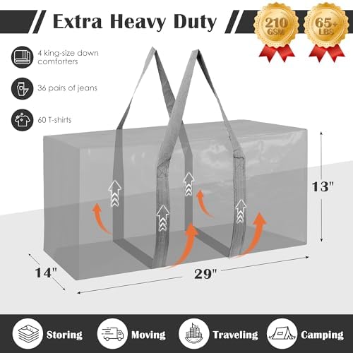 6 Pack Moving Bags with Full-Open Side Zipper, Extra Large 93L Heavy Duty Waterproof Foldable Storage Totes for College Dorm, Moving & Home Organization Gray - Image 2