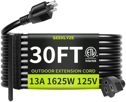 16/3 Black Extension Cord 30 FT, Outdoor Extension Cord for Lawn by Seeklyze