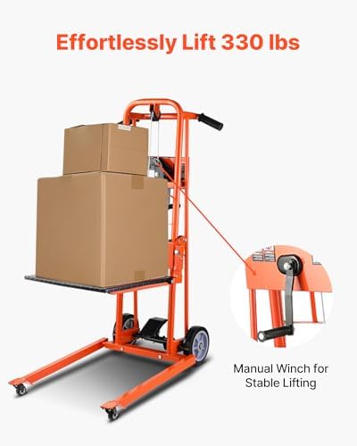 VEVOR Material Lift Winch Stacker, 330lbs Capacity Pallet Truck Dolly, 42.9in Max Lifting Height Manual Winch Stacker, Multifunctional Manual Pallet Truck Stacker with Swivel Casters and Lift Plate - Image 2