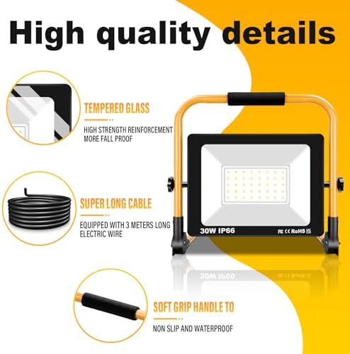 Willpower Portable LED Work Light 30W Job Site Lights 3000LM IP66 Waterproof Construction Floodlights Outdoor with Stand 6000K Daylight White for Camping Workshop Garage with 3.5m Wire Plug - Image 3