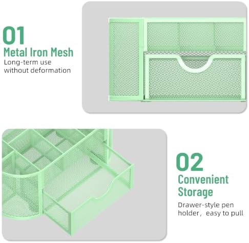 Mesh Desk Organizer with Drawer, 9-Compartment Pen Holder for Desk, Green - Image 5