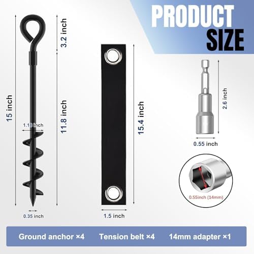 Eurmax USA 4 Pack Heavy Duty Ground Stakes&Anchors,Commercial Spiral Screw-in Trampoline Stakes with Reinforced Tie-Down Straps,High Wind Stabilizing Kit for Canopies,Outdoor Sheds,Swing Sets(Black) - Image 6
