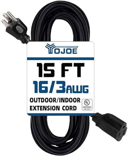 YOJOE Indoor Outdoor Extension Cord, 3 Prong 13A Weatherproof Power Cord, 16 Gauge Heavy Duty 15 ft Black Extension Cord for Garage, Garden and Home, 16/3 SJTW UL Certified by YOJOE