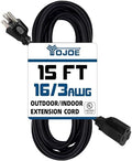 YOJOE Indoor Outdoor Extension Cord, 3 Prong 13A Weatherproof Power Cord, 16 Gauge Heavy Duty 15 ft Black Extension Cord for Garage, Garden and Home, 16/3 SJTW UL Certified by YOJOE