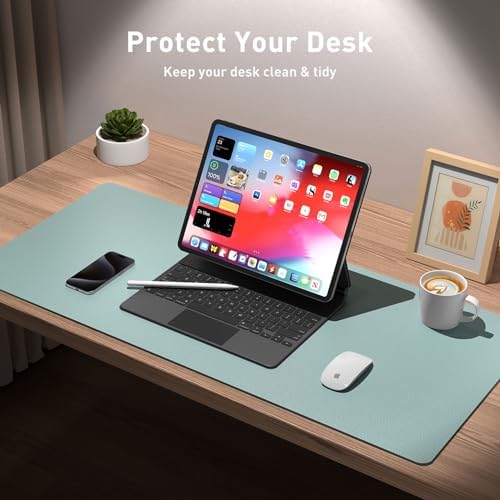 Aothia Leather Desk Pad Protector, Mouse Pad, Office Desk Mat, Non-Slip PU Leather Desk Blotter, Laptop Desk Pad, Waterproof Desk Writing Pad for Office and Home (Light Blue,31.5" x 15.7") - Image 3