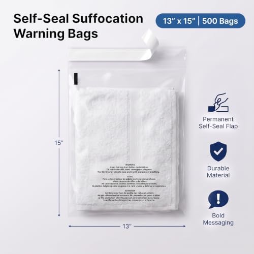 13" X 15" (500 Count) Self Seal Clear Poly Bags with Suffocation Warning - Image 2