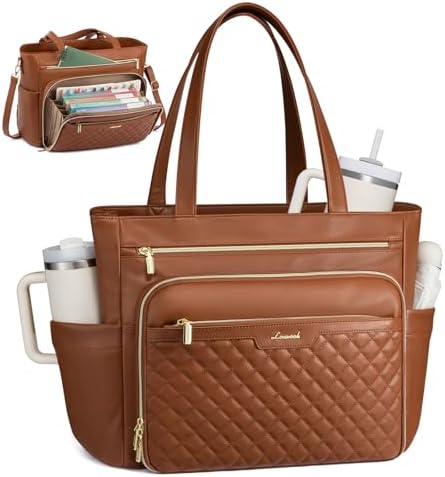 LOVEVOOK Teacher Tote Bag with Accordion File Pocket, Soft PU Leather Work Briefcase Quilted Laptop Bag with Large Cup Holder by LOVEVOOK