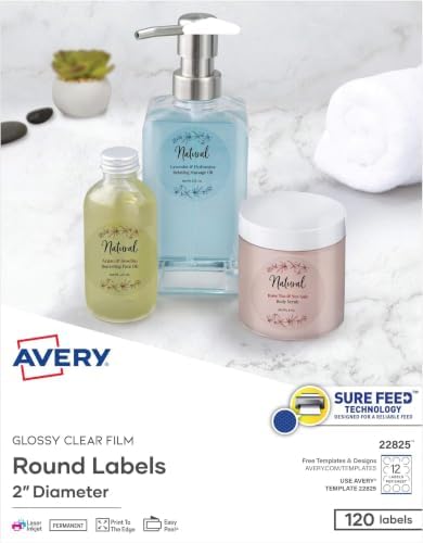 AVERY Printable Round Labels, 2" Diameter, Clear | Glossy | Sure Feed Technology | 120 Labels | Pack of 5 by Avery