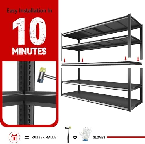 REIBII 78" H Storage Shelves, Garage Shelving Heavy Duty Load 3000LBS, Adjustable Garage Shelving, 5 Tier Metal Shelves Unit for Storage Rack, Basement, 55" W x 26" D x 78" H, Black, 3 Pack - Image 6