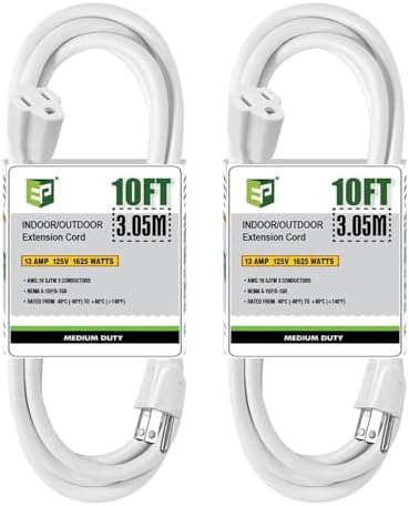 EP 10 FT Outdoor Extension Cord, 16/3 SJTW Heavy Duty White 2PK, ETL Listed by ENERGYPRO