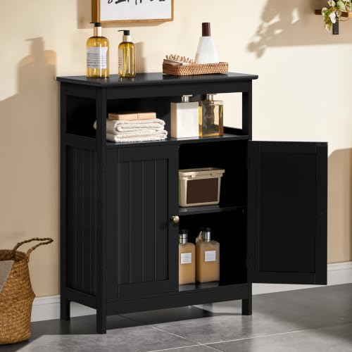Yaheetech Small Bathroom Storage Cabinet with Double Beadboard Doors, Black - Image 2