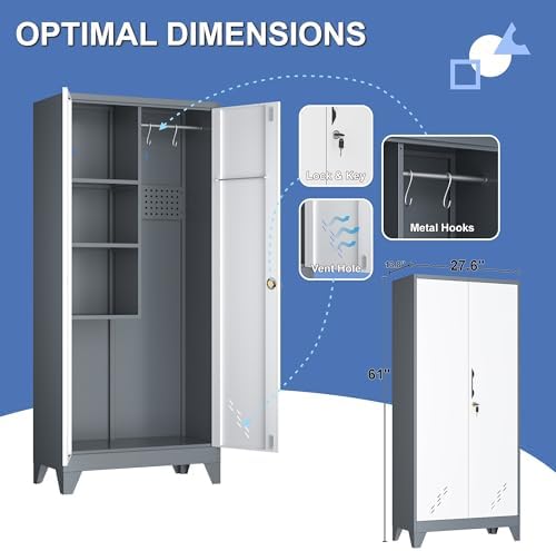 Metal Garage Storage Cabinets with Lock- 61" Tall Broom Closet Storage Cabinet & Pantry Organizer for Laundry Room, Home Office, Gym, School - Image 3