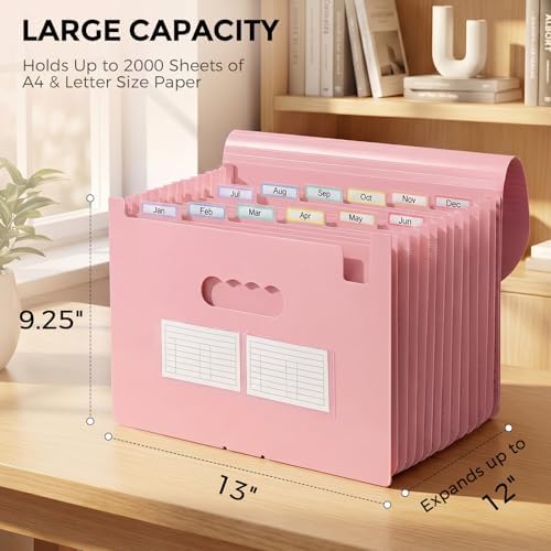 SKYDUE Accordion File Organizer, Expanding File Folder with 13 Pockets, Portable Document Paper Bill Receipt Organizer, Home School Pink Office Supplies, Letter A4 Size - Image 5