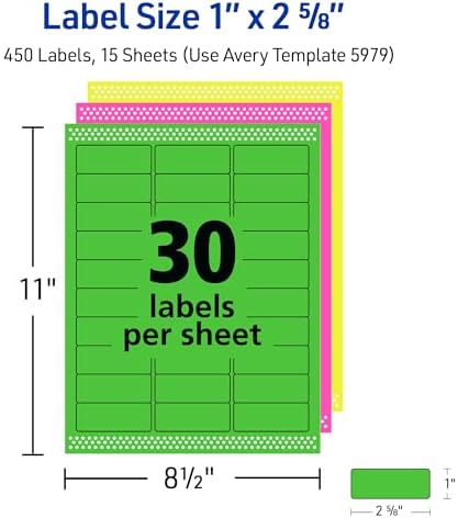 Avery Printable Address Labels with Sure Feed, 1" x 2-5/8", Assorted Neon Colors (Magenta, Green and Yellow), Laser & Inkjet Compatible, 450 Blank Labels Total (5979) - Image 6