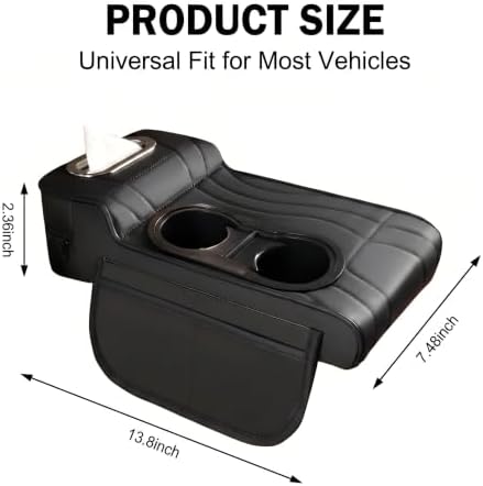 Multifunctional Car Armrest Cover, Premium PU Leather Memory Foam Center Console Cushion with Dual Cup Holders & Tissue Box, Center Console Organizer Storage Pouch for Sedans SUVs Trucks (Black) - Image 2