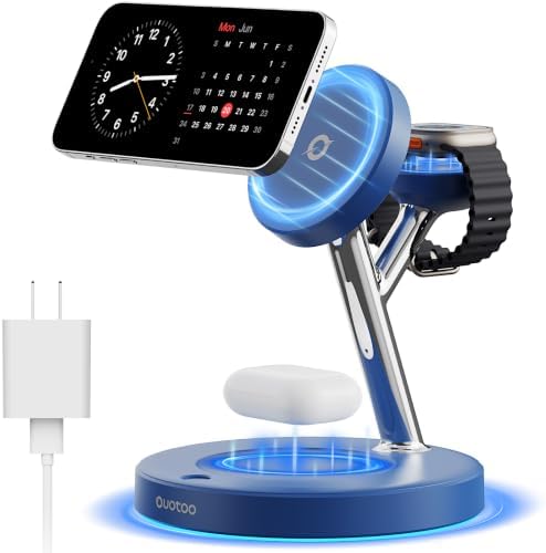 【Adjustable Blue Ambient Light】 Wireless Charger 3 in 1 for iPhone, Magnetic Charging Station for Apple Family,15W Fast MagSafe Charger Stand,for iPhone17-12-iWatch AirPods Series by Ouotoo