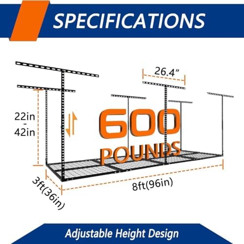 GarveeLife 3x8 ft Heavy Duty Overhead Garage Storage Rack, Adjustable Ceiling Storage Racks with 600 LBS Weight Capacity, Metal Garage Storage Organization Systerm, Black - Image 2