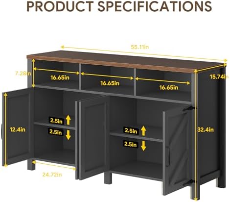 knoworld Buffet Sideboard with Storage Farmhouse, Large Kitchen Storage Cabinet Wood Coffee Bar Cabine Buffet for Kitchen, Living Room, 55in, Black - Image 2