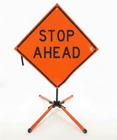 Traffic Roll-Up Sign Kit with Stand – Collapsible Safety Sign & Heavy-Duty Portable Stand, High Visibility, Easy Setup (Stop Ahead, Non-reflective) by EASTERNMETALSIGNSANDSAFETY