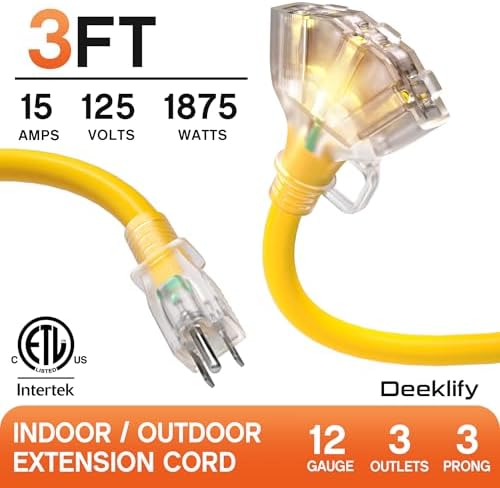 3 FT 12 Gauge Heavy Duty Extension Cord with Multiple Outlets - Image 2