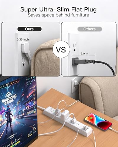 2 Pack Long Extension Cord, 12FT Power Strip Surge Protector with 6 Outlets and 4 USB Ports (2 USB C), Extension Cord with Multiple Outlets, Flat Plug Overload Protection, Wall Mount for Dorm College - Image 3
