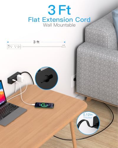 Short Extension Cord with Multiple Outlets, Flat Plug Power Strip, Black - Image 2