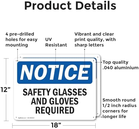 (2 Pack) Safety Glasses And Gloves Required OSHA Notice Sign 18 Inch X 12 Inch Indoor/Outdoor Rust-Free Aluminum Metal Signs for Workplace, Workshop, and Construction Site, Made in the USA - Image 2