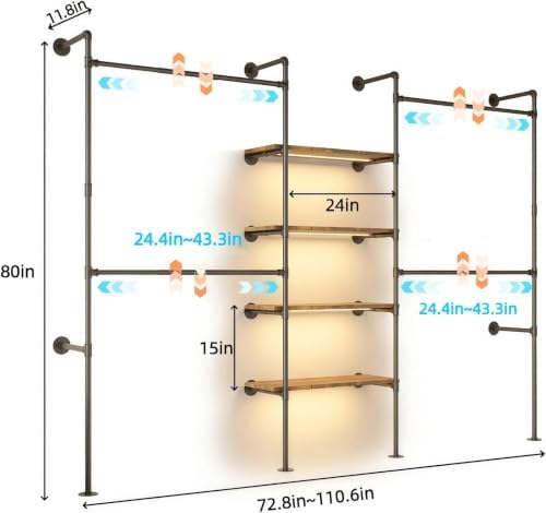 Expandable Industrial Pipe Clothing Rack with LED & Shelves - Image 3