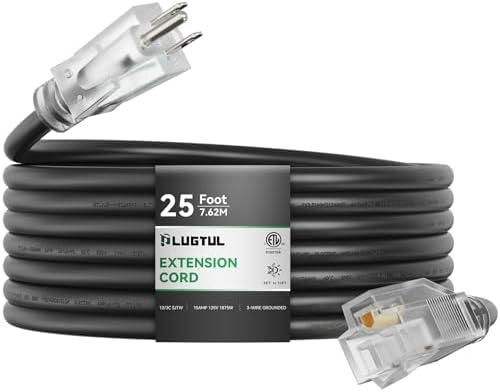 PLUGTUL 12 Gauge Extension Cord 25FT | Outdoor Extension Cord with Lighted End, Heavy Duty,15A 1875W SJTW, ETL Listed, Great for Garden and Home, Black by PLUGTUL