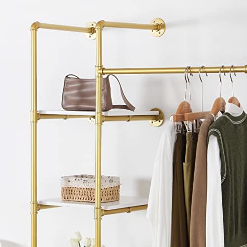 Garment Rack Heavy Duty Clothes Rack for Hanging Clothes, Metal Freestanding Closet Wardrobe Shelf, Gold Industrial Pipe Clothing Racks with Shelves Closet Rods System - Image 5