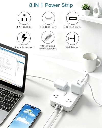 Surge Protector Power Strip, 10Ft Extension Cord with 4 USB Ports(2 USB C) - Image 2