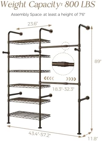 Closet Organizers Wall Mounted Closet System, 2-Row Heavy Duty Garment Clothes Rack, Industrial Pipe Clothing Rack with 2 Telescopic Rods, 3 Hooks & 6 Shelves for Bedroom, Wardrobe, Black and Gold - Image 2