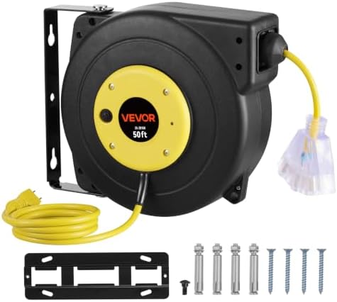 VEVOR Retractable Extension Cord Reel, 50 FT, Heavy Duty 14AWG/3C SJTOW Extension Power Cord with Lighted Triple Tap Outlet, 13A Circuit Breaker 180° Swivel Bracket for Ceiling or Wall Mount, Yellow - Image 7