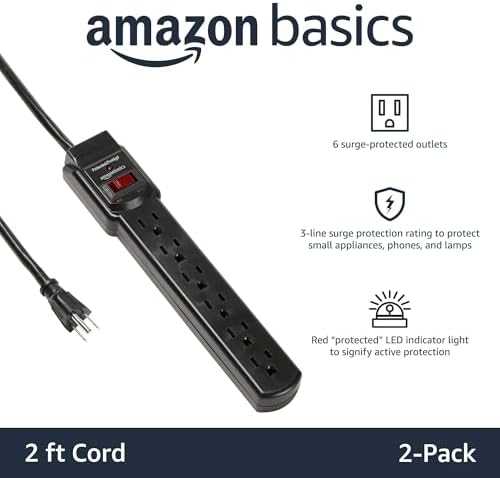 Amazon Basics 6-Outlet Surge Protector Power Strip with 200J Protection, Circuit Breaker, 2ft Extension Cord, Black, 2-Pack - Image 2