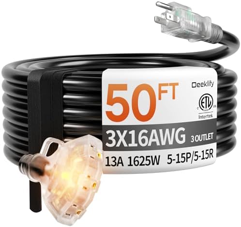 50FT 16 Gauge Black Outdoor Extension Cord with Multiple Outlets by Deeklify