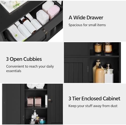 Yaheetech Bathroom Storage Cabinet with Drawer and 2 Beadboard Doors, Black - Image 6