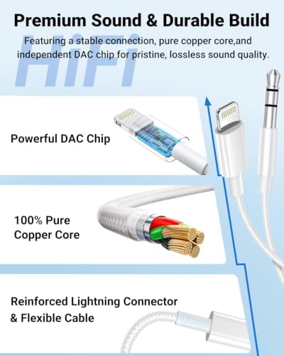 Aux Cord for iPhone,[Apple MFi Certified] Lightning to 3.5 mm AUX Cable for Car Stereo, Speaker, Headphone, Auxiliary Audio Cable Compatible with iPhone 14 13 12 11 XS XR 3.3FT Nylon Braided-White - Image 3