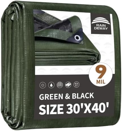 RAINDEWAY Large Tarp 30x40 Feet,9Mil Green/Black Tarps Cover Waterproof by RAINDEWAY