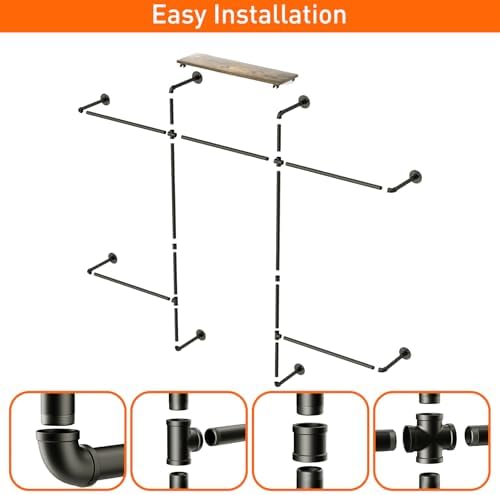 Merapi Industrial Pipe Clothing Rack, Wall Mounted Heavy Duty Garment Rack with Wood Shelf, Double Hanging Rod Vintage Organizer for Walk-in Closet, Laundry Room & Retail Store Display (Black) - Image 5