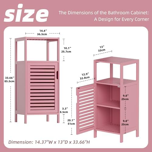 HITNET Small Bathroom Storage Cabinet, Bamboo Floor Cabinet Single Door, Freestanding Narrow Side Organizer for Living Room Hallway Entryway, Pink - Image 3