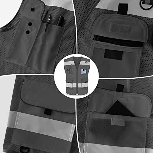 TCCFCCT Mesh High Visibility Safety Vest for Men 9 Pockets, Grey 5XL - Image 4