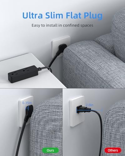 Flat Plug Extension Cord with 3 Outlets - 3Ft Low Profile Indoor 3 Prong Grounded Power Strip for Home Office & Travel - 16 AWG 13A/1625W, Black - Image 3